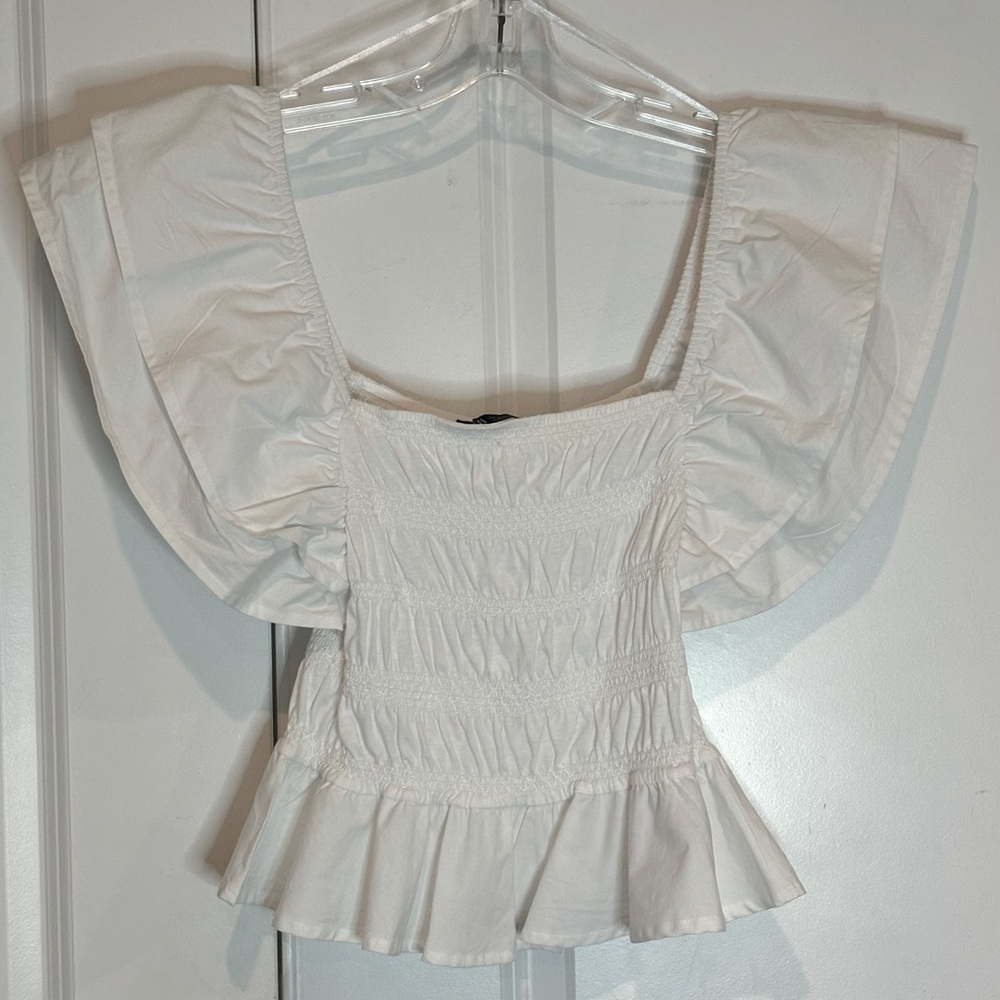 NWT Zara Flutter Ruffle Shoulder Sleeveless Smocked Bodice Top White M